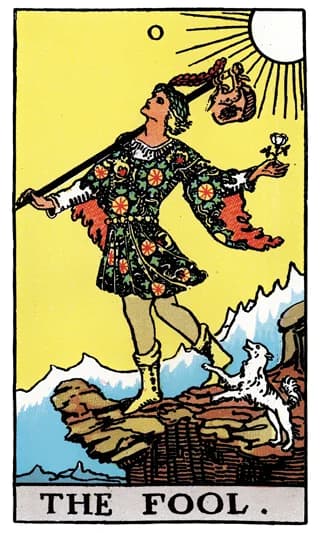The Fool tarot card, stepping toward a new journey beneath a bright sky.