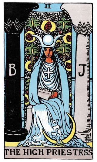 The High Priestess tarot card, seated between the black and white pillars.