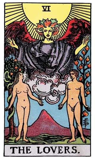 The Lovers tarot card, showing two figures beneath a radiant angel.
