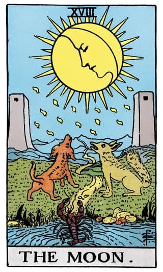 The Moon tarot card, with a moon above two towers and a winding path.